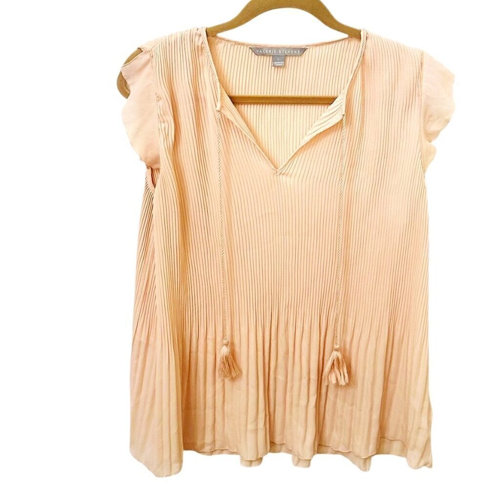 Valerie Stevens Women's Large Blouse Pink Flutter Sleeves V-Neck Faux Drawstring - Picture 2 of 5